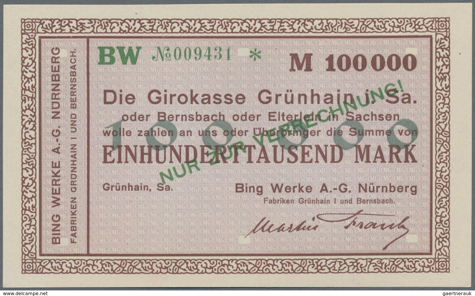 Deutschland - Notgeld - Sachsen: Grünhain, Bing Werke AG, Nürnberg, 2000 Mark, o. D.; 100 (5), 200 (