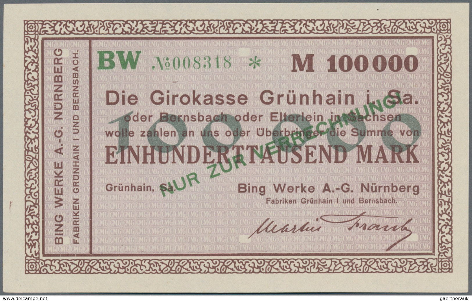 Deutschland - Notgeld - Sachsen: Grünhain, Bing Werke AG, Nürnberg, 2000 Mark, o. D.; 100 (5), 200 (