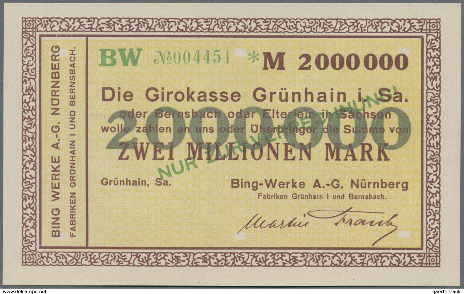 Deutschland - Notgeld - Sachsen: Grünhain, Bing Werke AG, Nürnberg, 2000 Mark, o. D.; 100 (5), 200 (