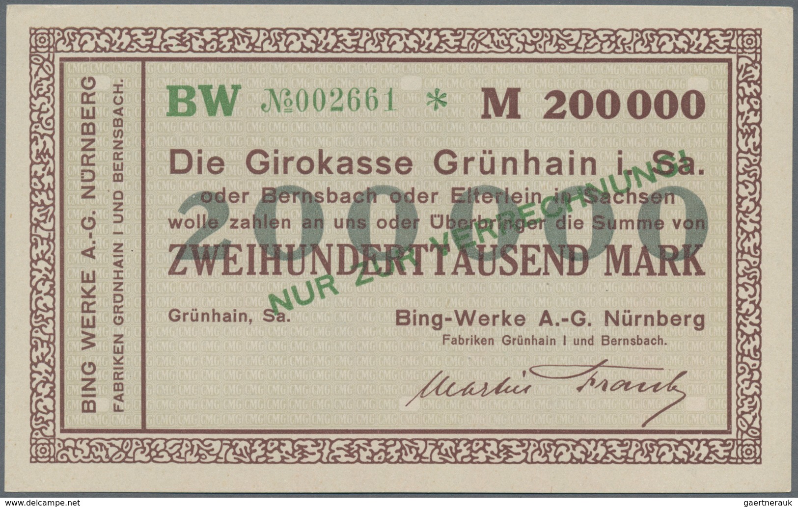 Deutschland - Notgeld - Sachsen: Grünhain, Bing Werke AG, Nürnberg, 2000 Mark, o. D.; 100 (5), 200 (