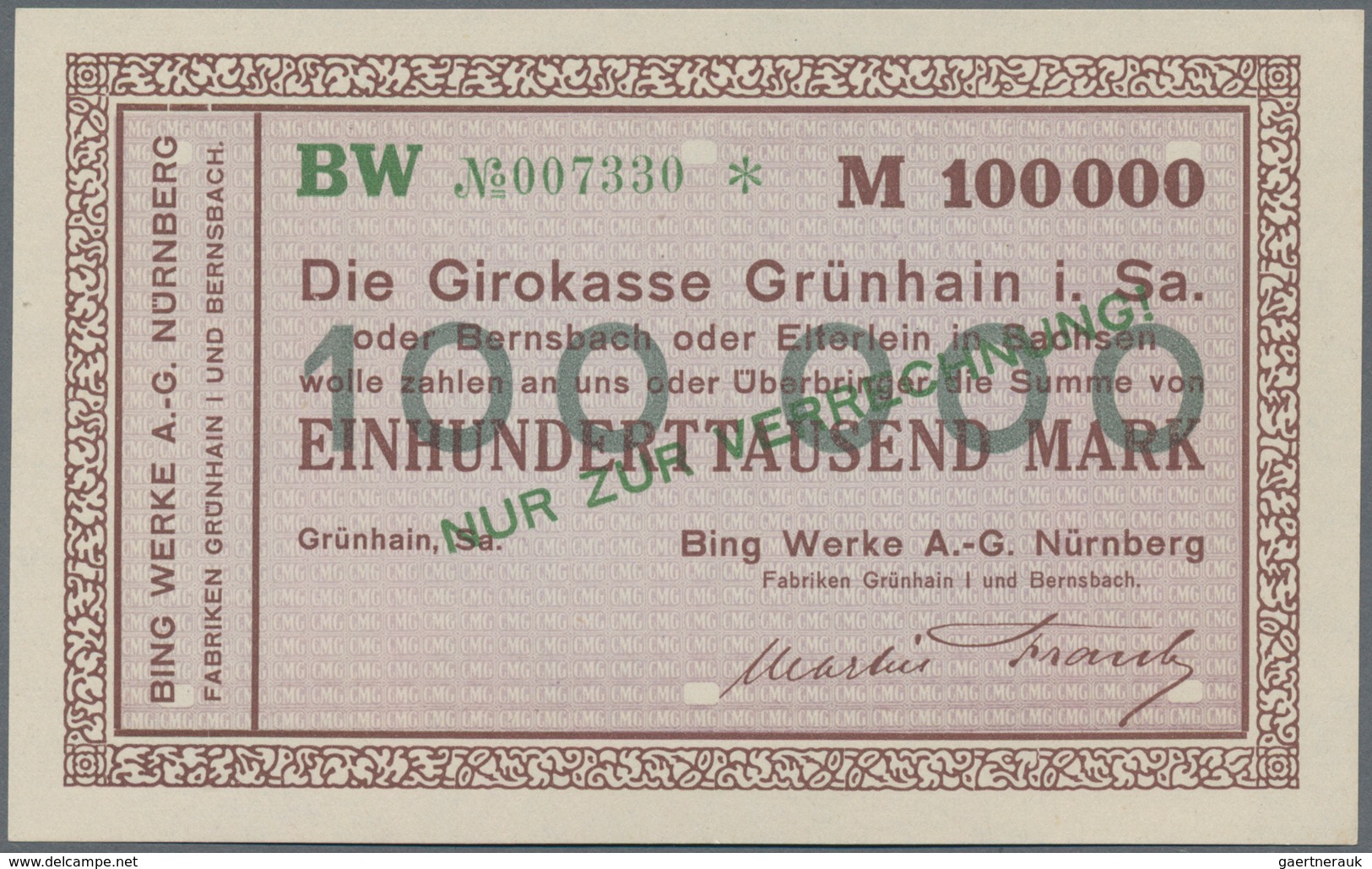 Deutschland - Notgeld - Sachsen: Grünhain, Bing Werke AG, Nürnberg, 2000 Mark, o. D.; 100 (5), 200 (