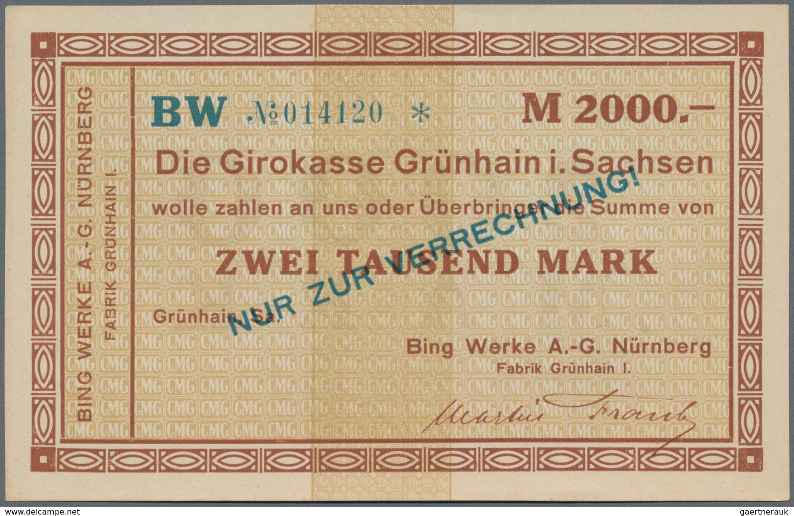 Deutschland - Notgeld - Sachsen: Grünhain, Bing Werke AG, Nürnberg, 2000 Mark, o. D.; 100 (5), 200 (