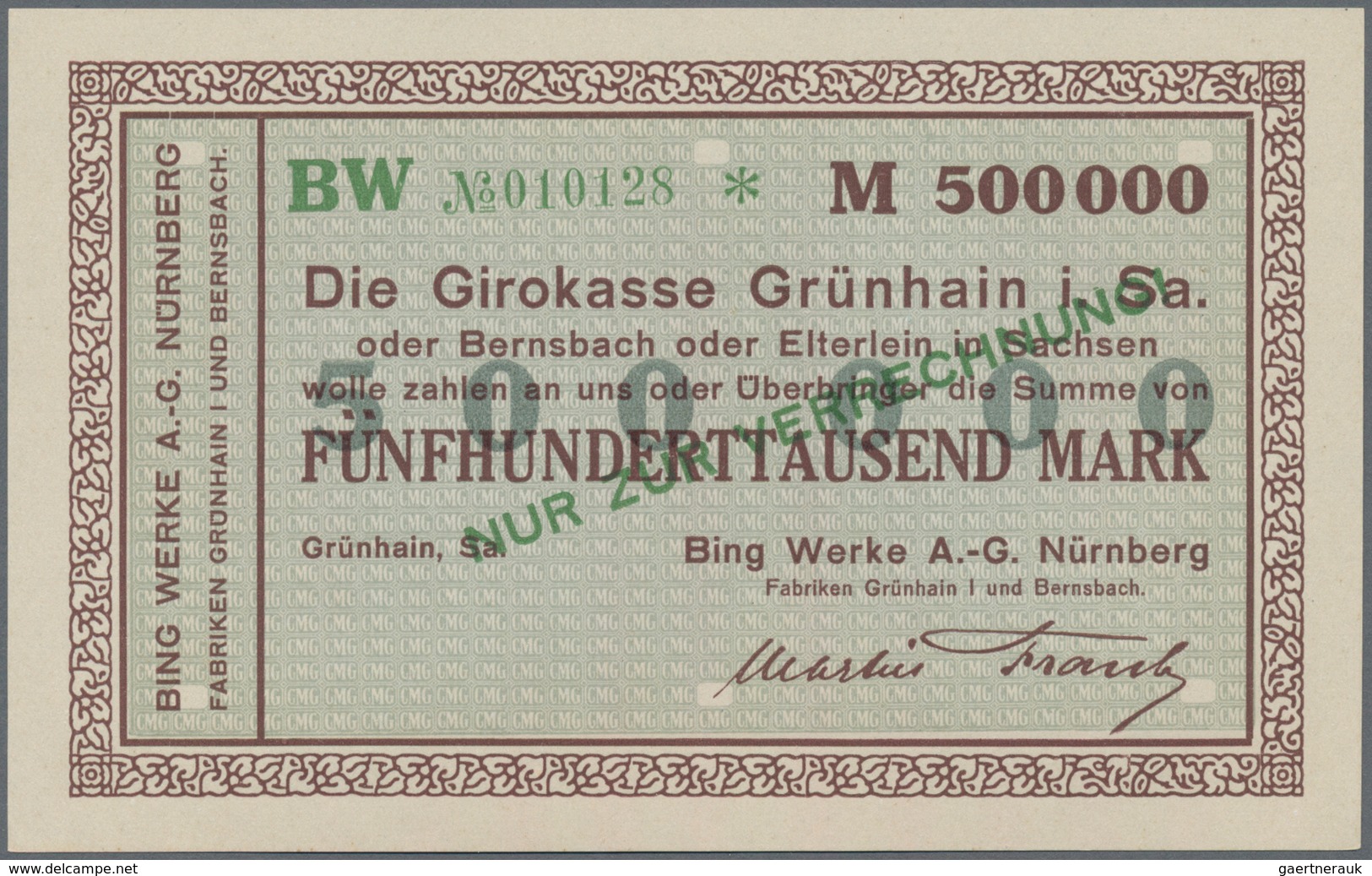 Deutschland - Notgeld - Sachsen: Grünhain, Bing Werke AG, Nürnberg, 2000 Mark, o. D.; 100 (5), 200 (