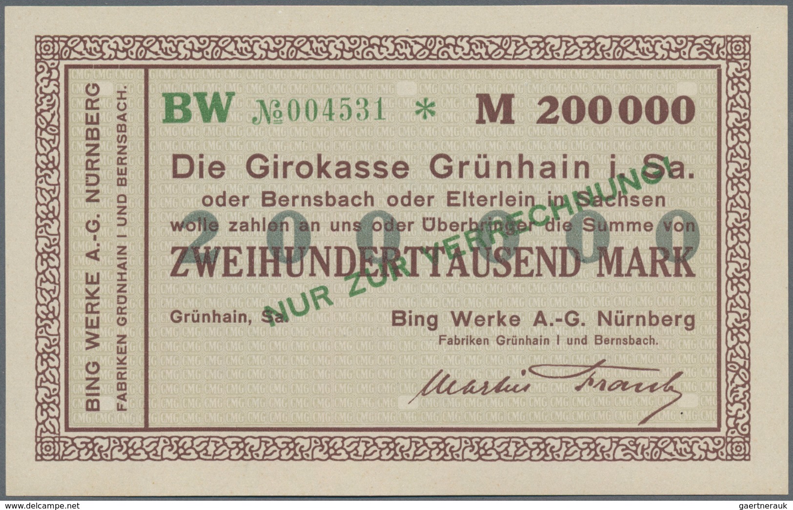 Deutschland - Notgeld - Sachsen: Grünhain, Bing Werke AG, Nürnberg, 2000 Mark, o. D.; 100 (5), 200 (