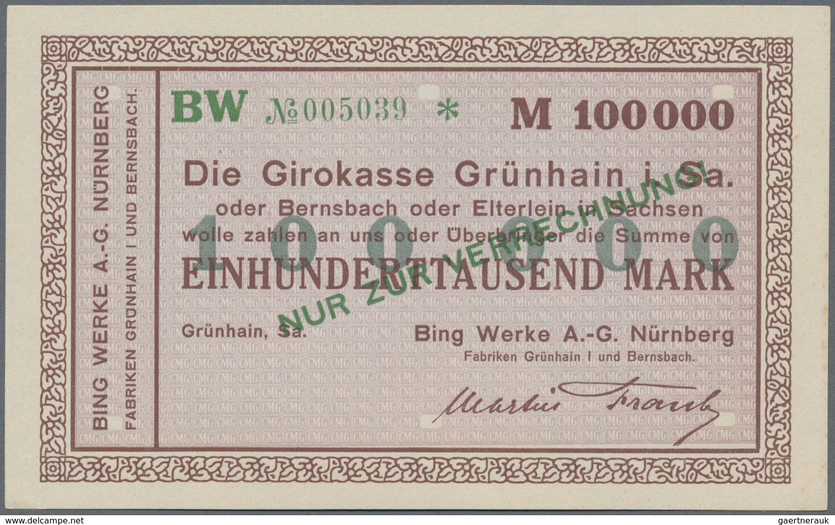 Deutschland - Notgeld - Sachsen: Grünhain, Bing Werke AG, Nürnberg, 2000 Mark, o. D.; 100 (5), 200 (