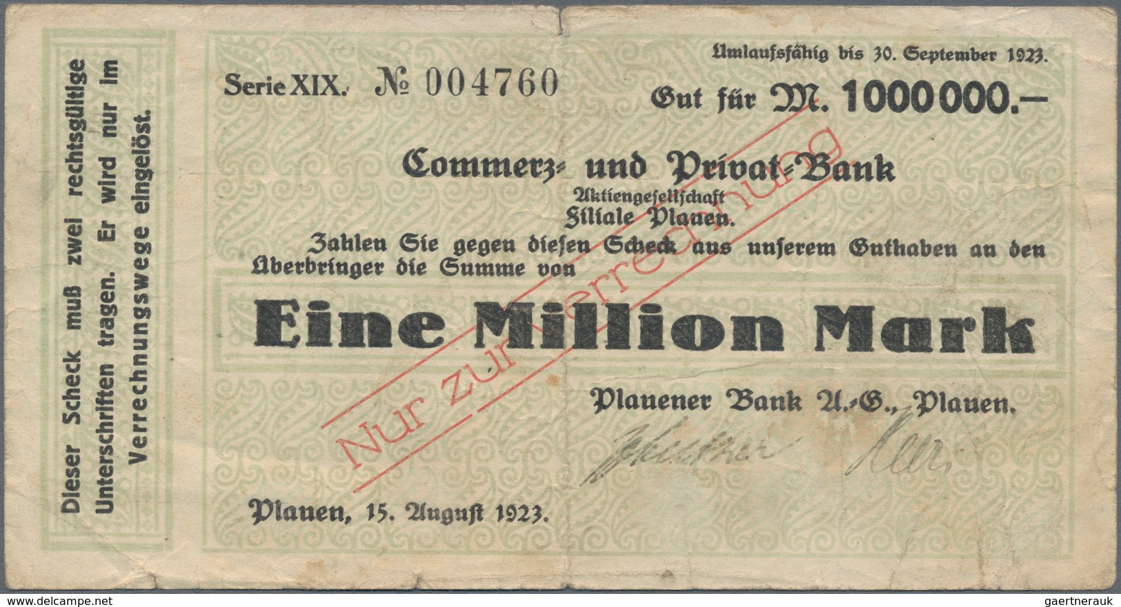 Deutschland - Notgeld - Sachsen: Plauen, Plauener Bank A.-G., 500 Tsd. Mark, 28.7.1923, Scheck Auf V - [11] Emissions Locales