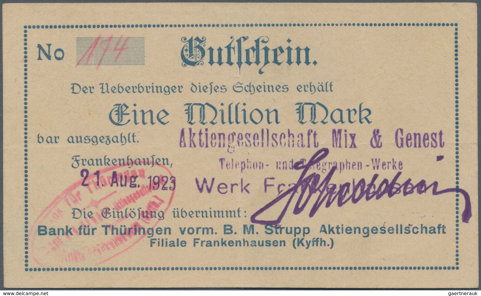 Deutschland - Notgeld - Thüringen: Frankenhausen (Kyffh.), Bank Für Thüringen Vorm. B. M. Strupp AG, - [11] Local Banknote Issues