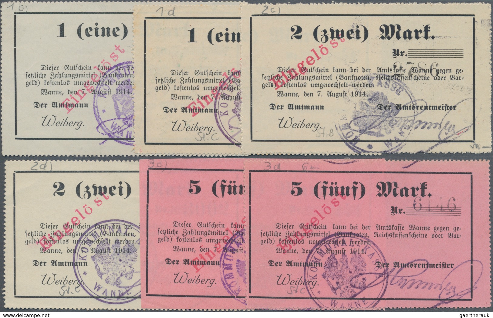 Deutschland - Notgeld - Westfalen: Wanne, Amtmann Und Amtrentmeister, 1, 2, 5 Mark, 7.8.1914, Jeweil - Sonstige & Ohne Zuordnung