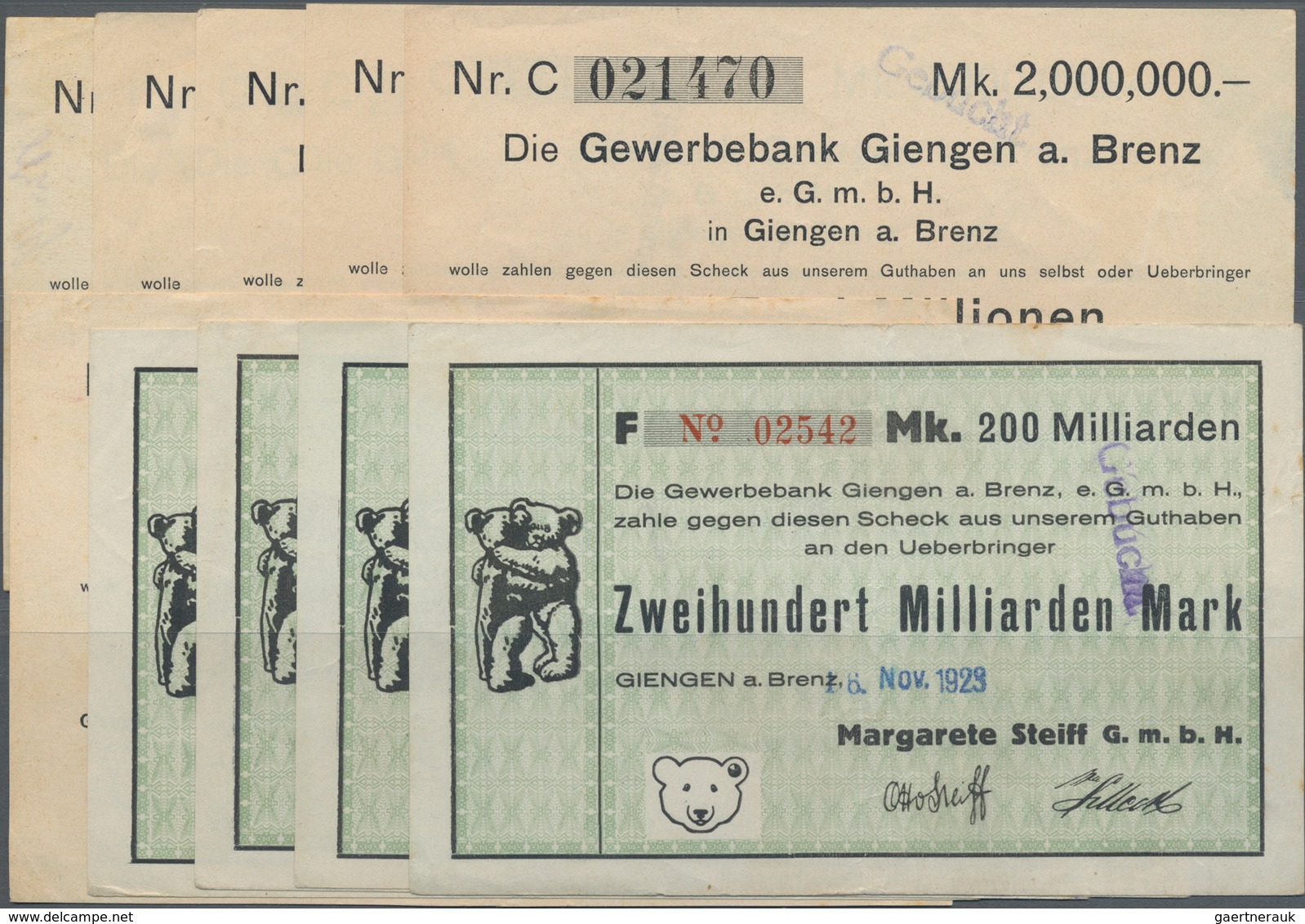 Deutschland - Notgeld - Württemberg: Giengen, Margarete Steiff GmbH, 500 Tsd. Mark, 17.8.1923; 1 Mio - [11] Local Banknote Issues