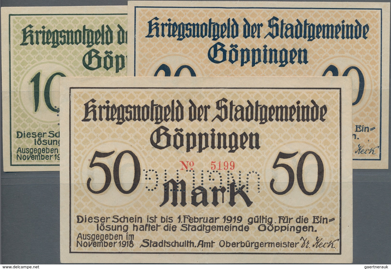 Deutschland - Notgeld - Württemberg: Göppingen, Stadt, 10, 20, 50 Mark, November 1918, Perforation " - Lokale Ausgaben