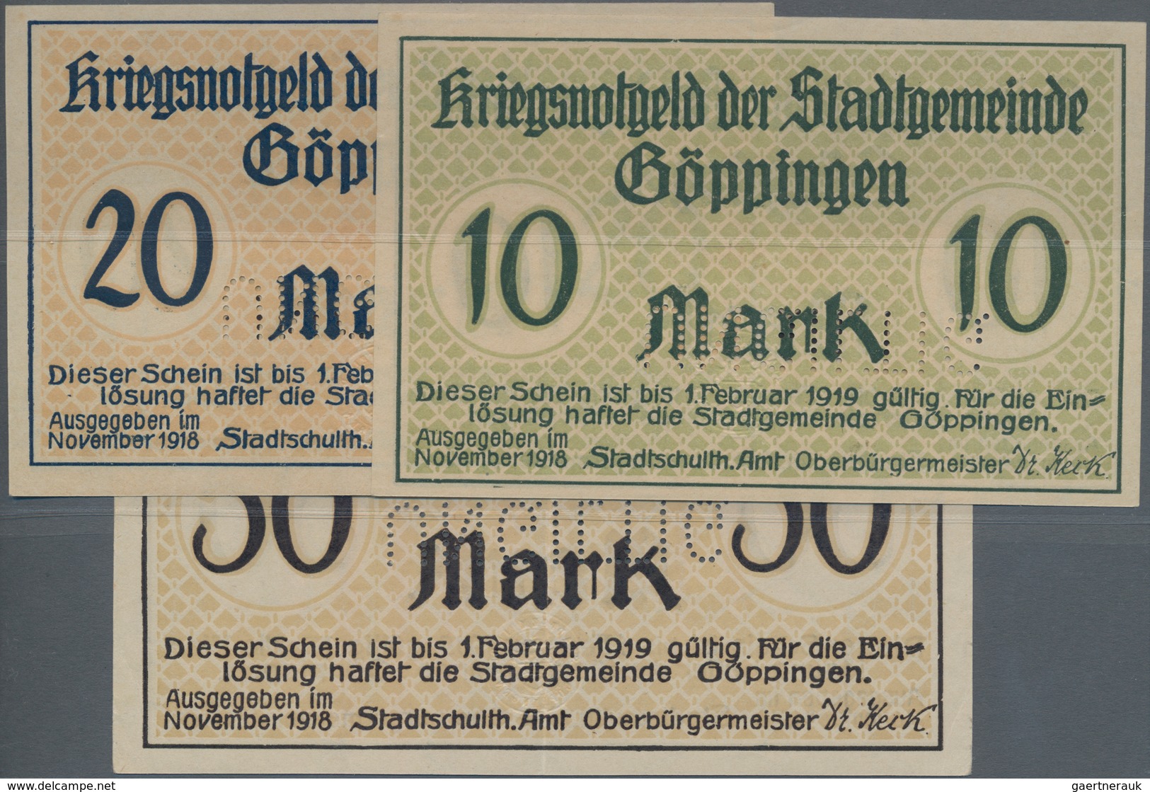 Deutschland - Notgeld - Württemberg: Göppingen, Stadt, 10, 20, 50 Mark, November 1918, Perforation " - [11] Local Banknote Issues