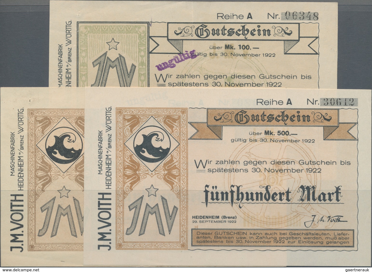 Deutschland - Notgeld - Württemberg: Heidenheim, J. M. Voith Maschinenfabrik, 100 Mark, Entwertet, E - [11] Local Banknote Issues