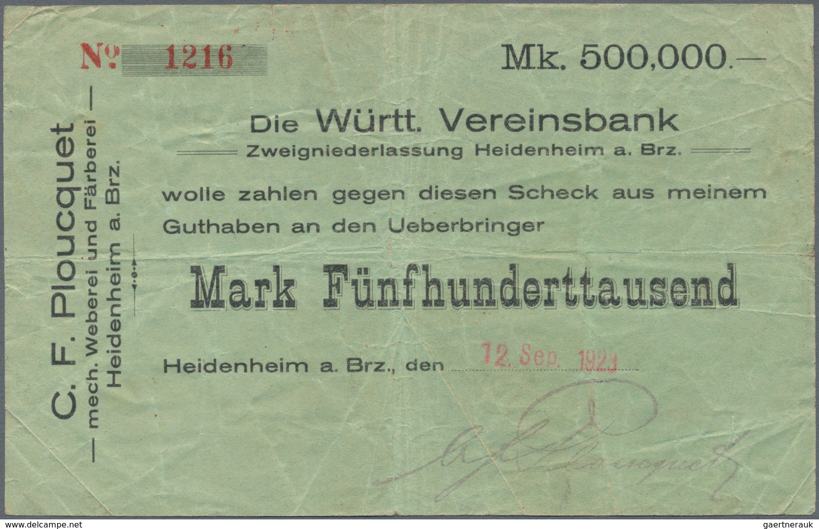 Deutschland - Notgeld - Württemberg: Heidenheim, C. F. Ploucquet, 500 Tsd. Mark, 12.9.1923 (Datum Ge - [11] Emissions Locales