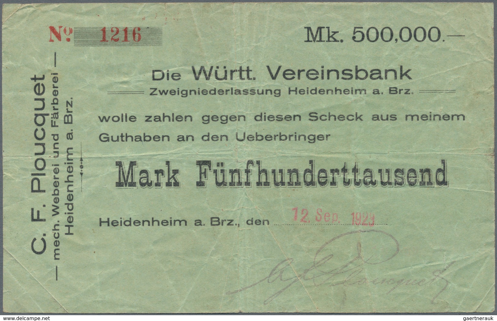 Deutschland - Notgeld - Württemberg: Heidenheim, C. F. Ploucquet, 500 Tsd. Mark, 12.9.1923 (Datum Ge - [11] Local Banknote Issues