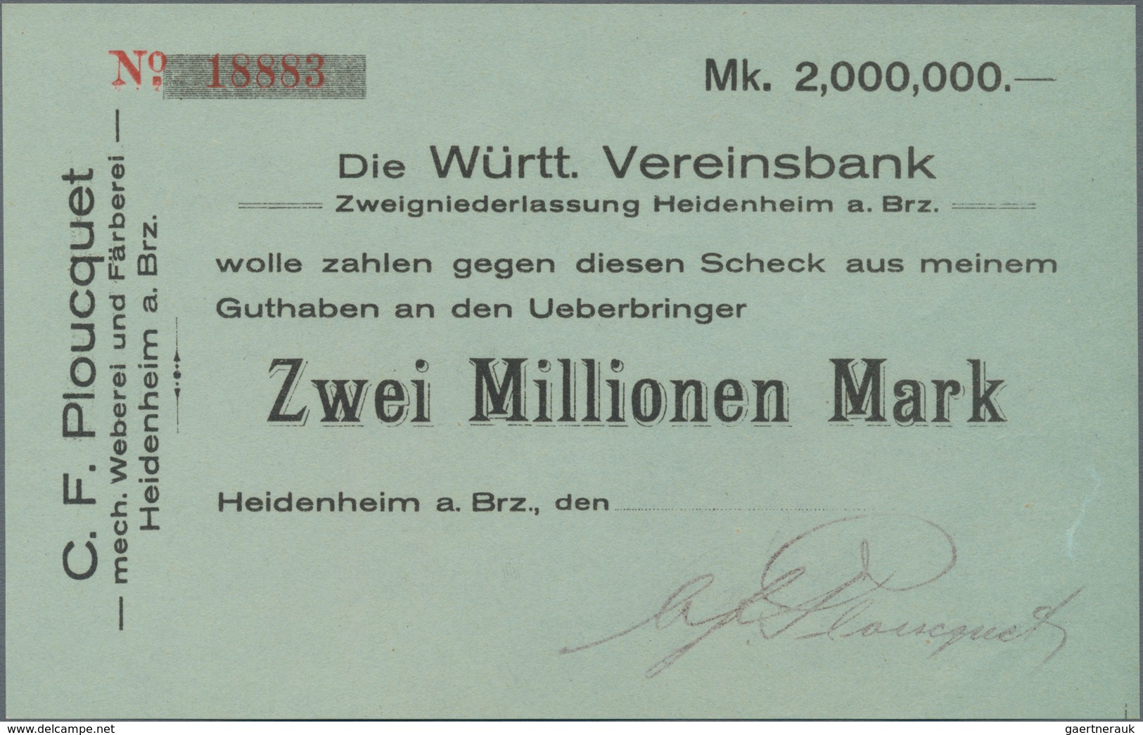 Deutschland - Notgeld - Württemberg: Heidenheim, C. F. Ploucquet, 500 Tsd. Mark, 12.9.1923 (Datum Ge - Lokale Ausgaben