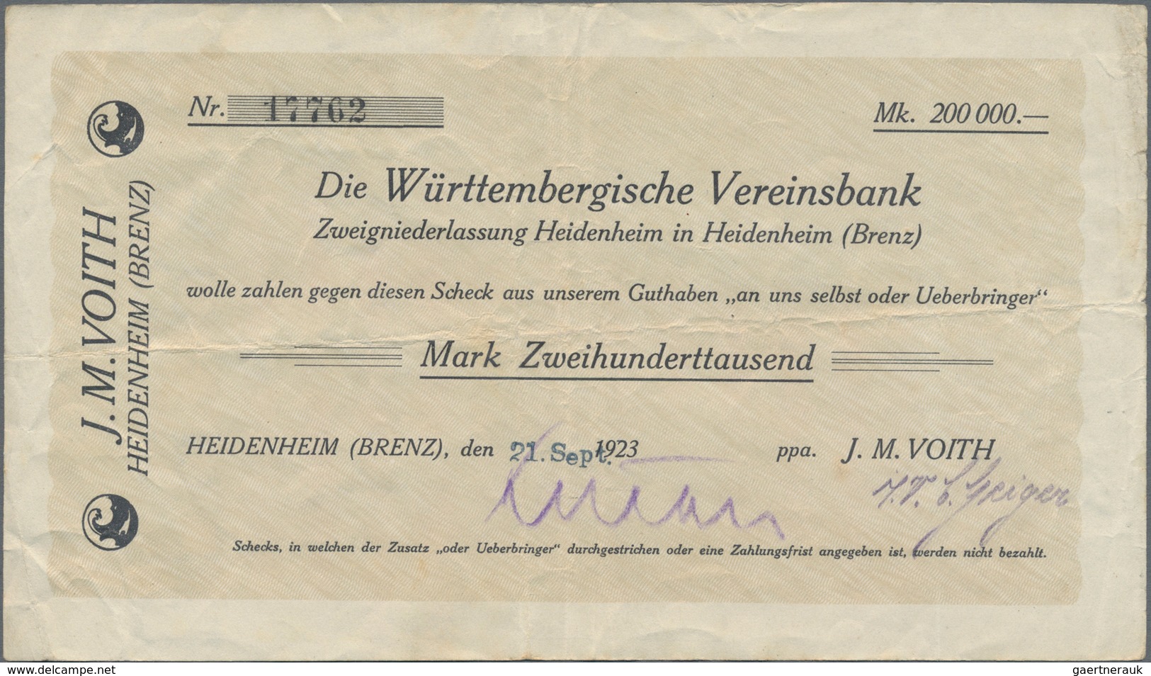 Deutschland - Notgeld - Württemberg: Heidenheim, J. M. Voith, 200 Tsd. Mark, 21.9.1923, 10 Mrd. Mark - [11] Local Banknote Issues