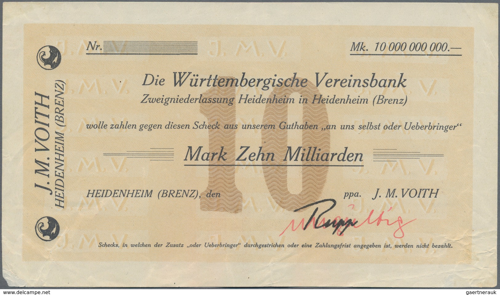 Deutschland - Notgeld - Württemberg: Heidenheim, J. M. Voith, 200 Tsd. Mark, 21.9.1923, 10 Mrd. Mark - [11] Emissions Locales