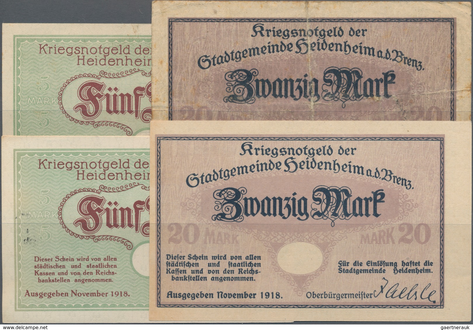Deutschland - Notgeld - Württemberg: Heidenheim, Stadt, 5, 20 Mark, November 1918, Jeweils Ohne Präg - Lokale Ausgaben