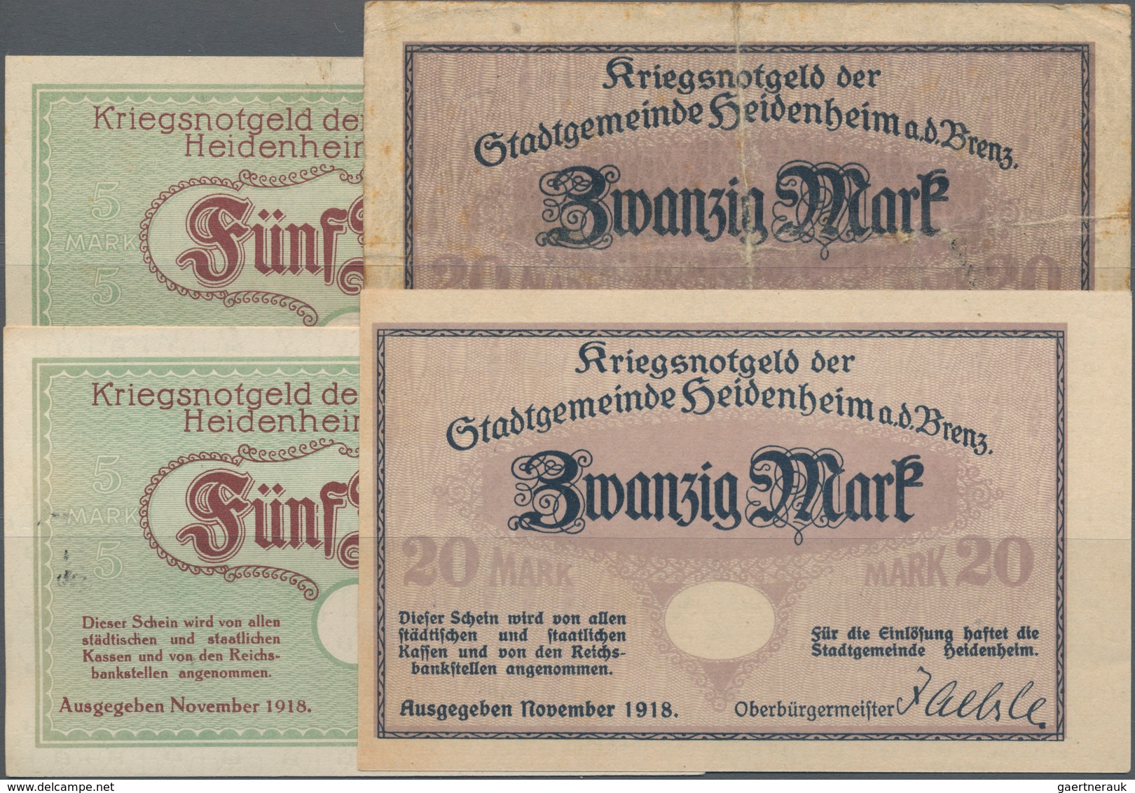 Deutschland - Notgeld - Württemberg: Heidenheim, Stadt, 5, 20 Mark, November 1918, Jeweils Ohne Präg - [11] Local Banknote Issues