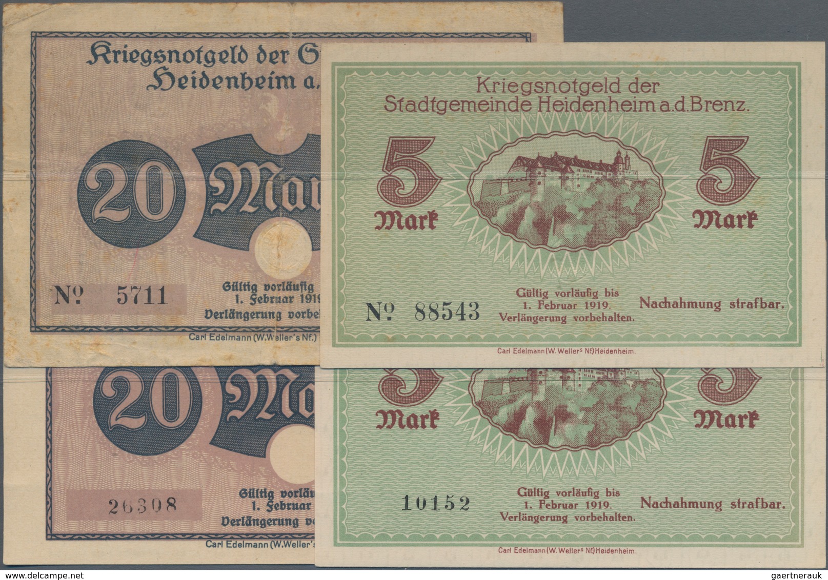 Deutschland - Notgeld - Württemberg: Heidenheim, Stadt, 5, 20 Mark, November 1918, Jeweils Ohne Präg - [11] Emissions Locales