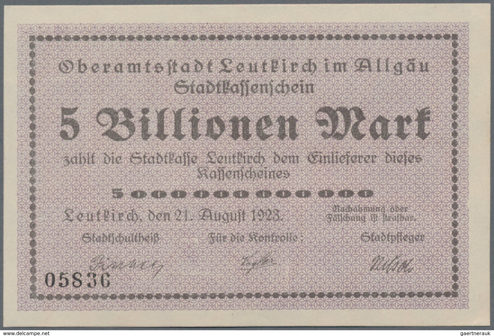 Deutschland - Notgeld - Württemberg: Leutkirch, Amtskörperschaft, 500 Tsd. (A), 1 (A Und B), 5 (A), - [11] Local Banknote Issues