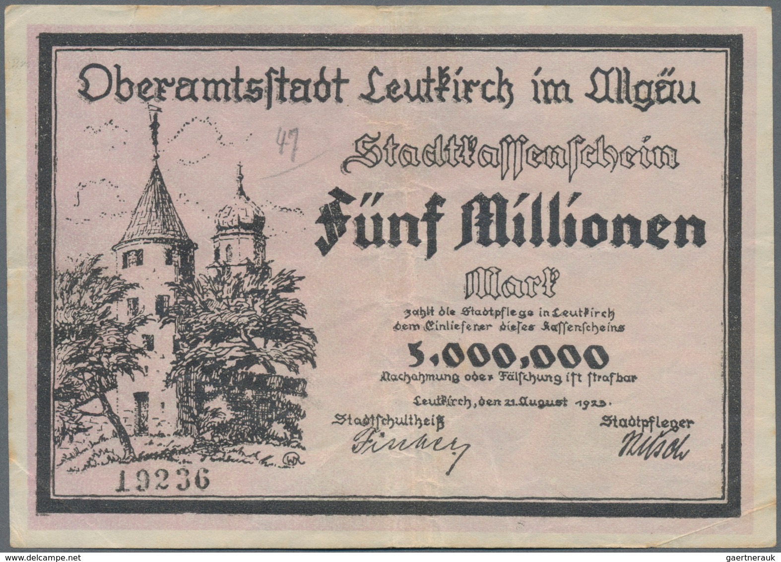 Deutschland - Notgeld - Württemberg: Leutkirch, Amtskörperschaft, 500 Tsd. (A), 1 (A Und B), 5 (A), - [11] Local Banknote Issues