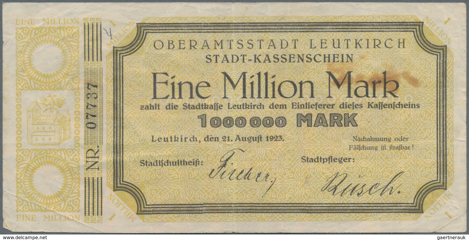 Deutschland - Notgeld - Württemberg: Leutkirch, Amtskörperschaft, 500 Tsd. (A), 1 (A Und B), 5 (A), - [11] Local Banknote Issues