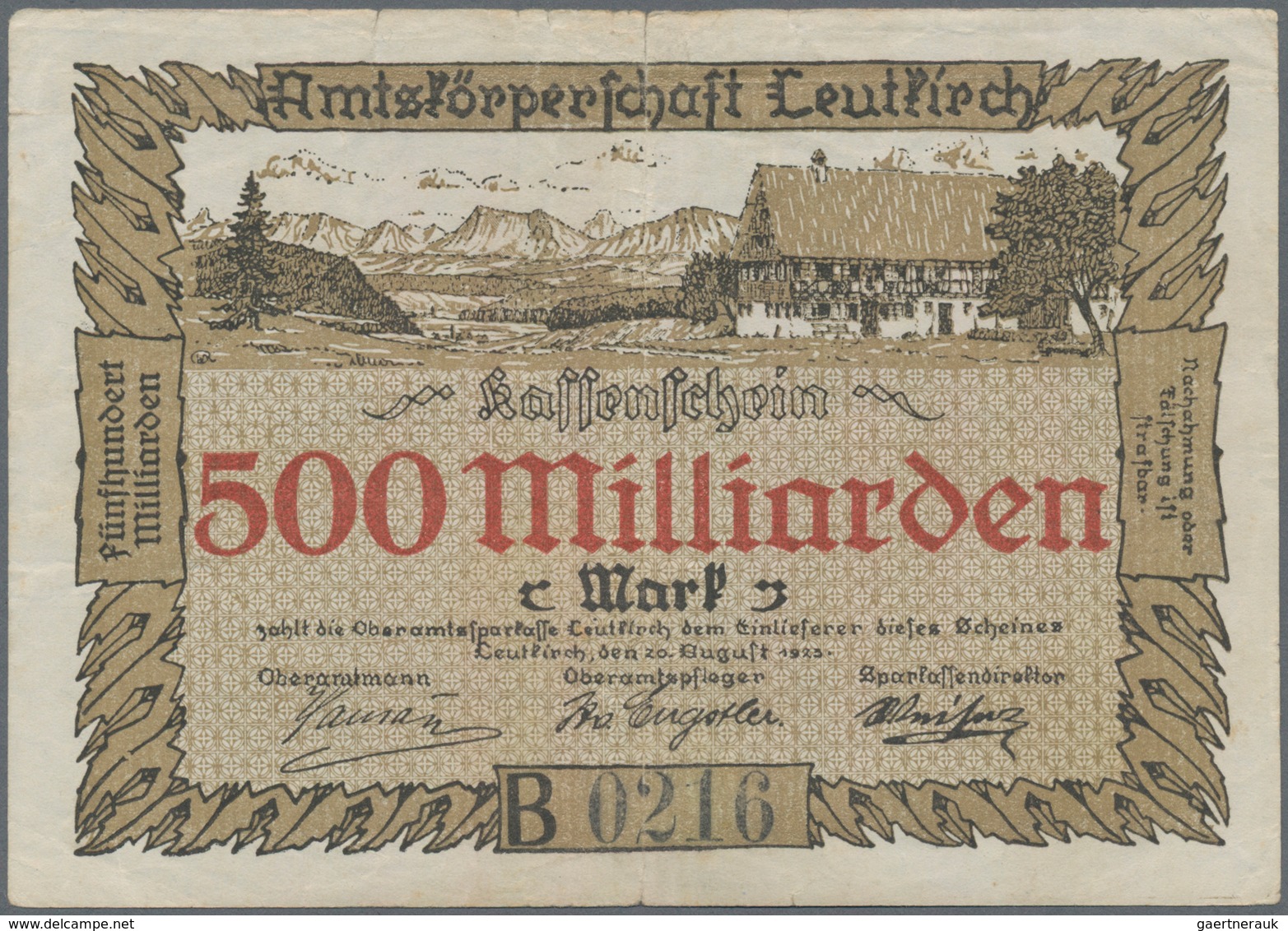 Deutschland - Notgeld - Württemberg: Leutkirch, Amtskörperschaft, 500 Tsd. (A), 1 (A und B), 5 (A),