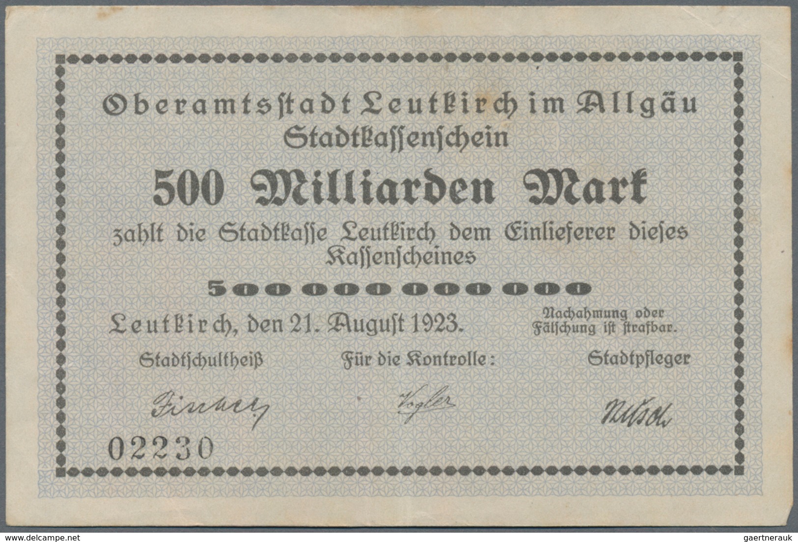 Deutschland - Notgeld - Württemberg: Leutkirch, Amtskörperschaft, 500 Tsd. (A), 1 (A und B), 5 (A),