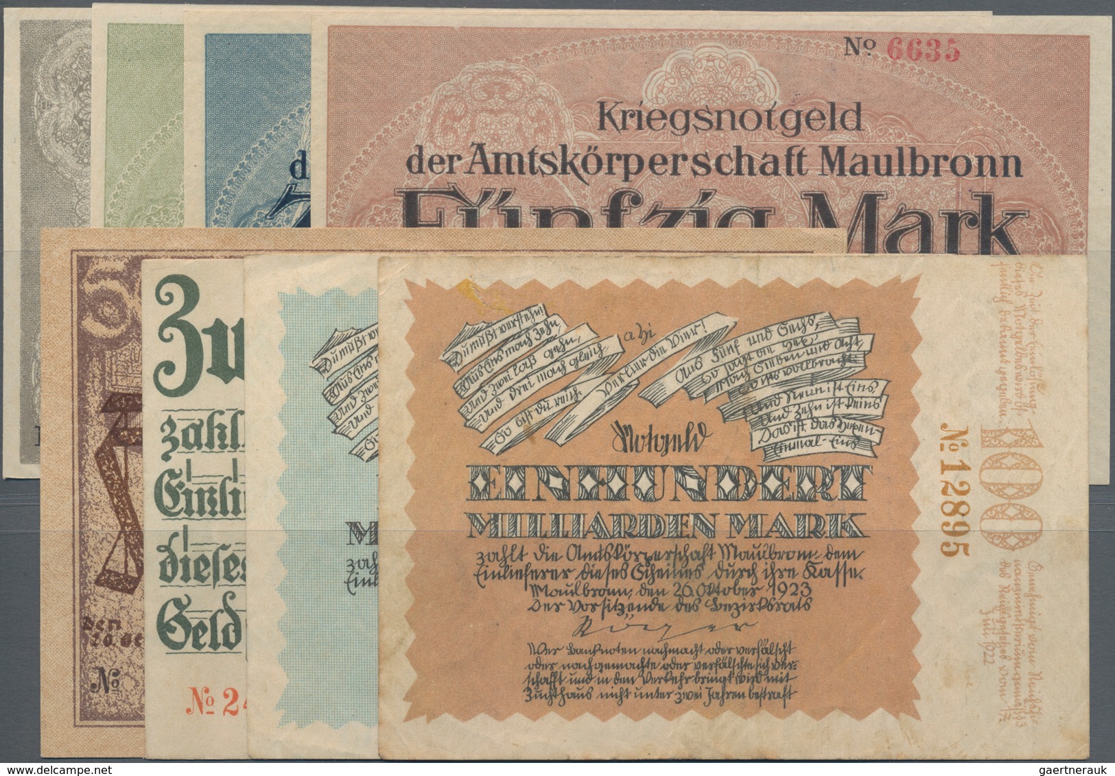 Deutschland - Notgeld - Württemberg: Maulbronn, Amtskörperschaft, 5, 10, 20, 50 Mark, 31.12.1918, En - Lokale Ausgaben