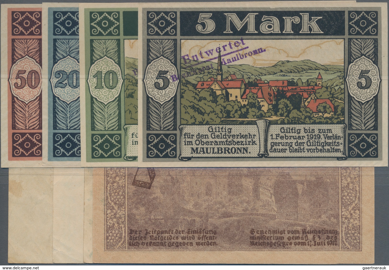 Deutschland - Notgeld - Württemberg: Maulbronn, Amtskörperschaft, 5, 10, 20, 50 Mark, 31.12.1918, En - Lokale Ausgaben