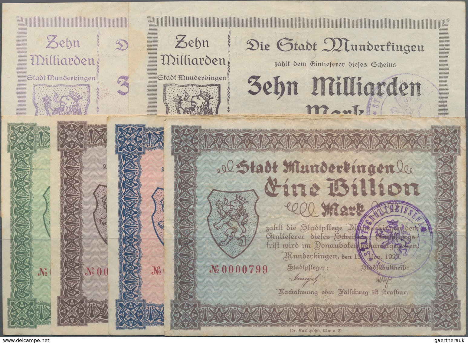 Deutschland - Notgeld - Württemberg: Munderkingen, Stadt, 10 (2, Farbvarianten) Mrd. Mark, 1.11.1923 - [11] Local Banknote Issues