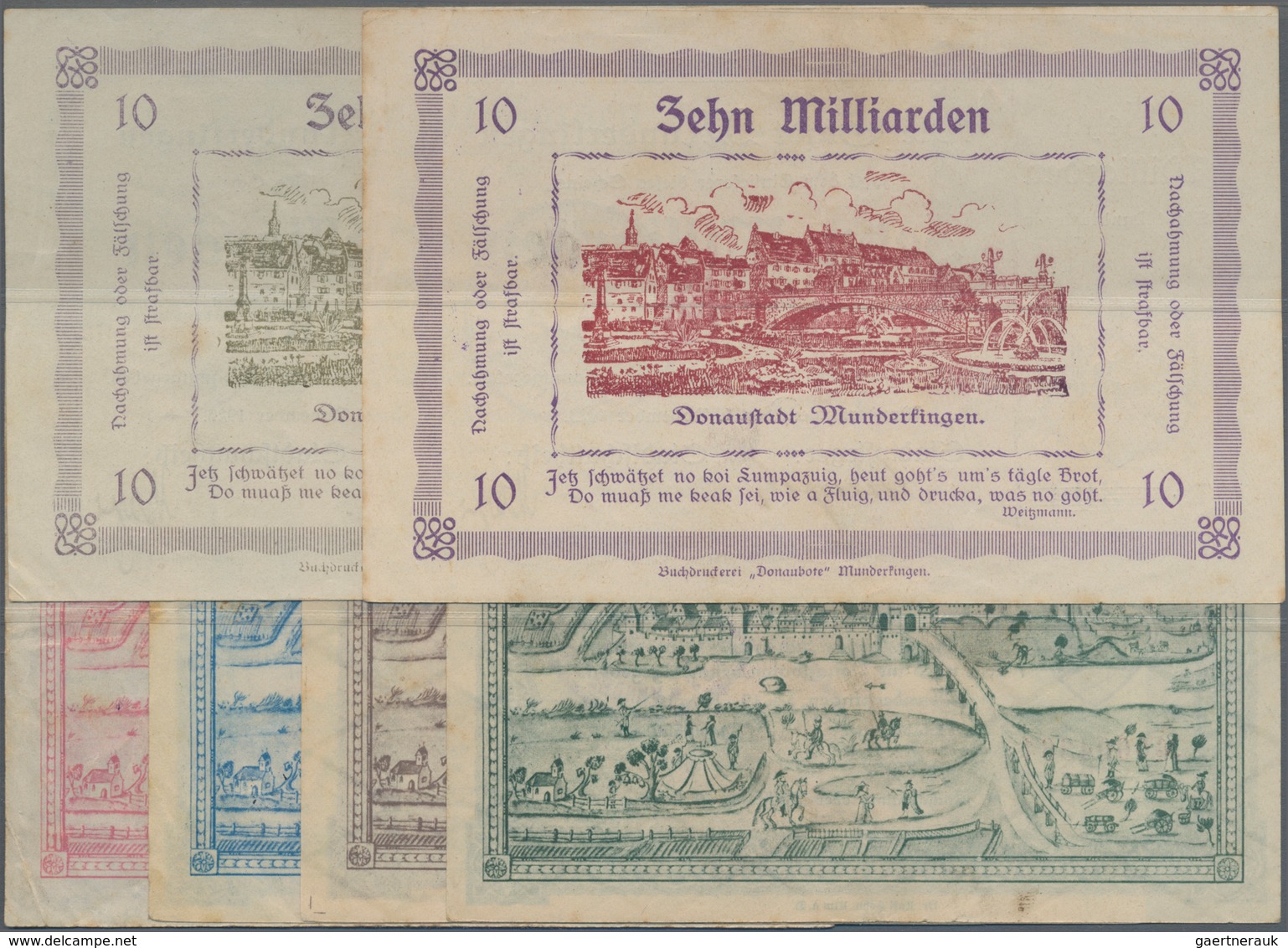 Deutschland - Notgeld - Württemberg: Munderkingen, Stadt, 10 (2, Farbvarianten) Mrd. Mark, 1.11.1923 - Lokale Ausgaben