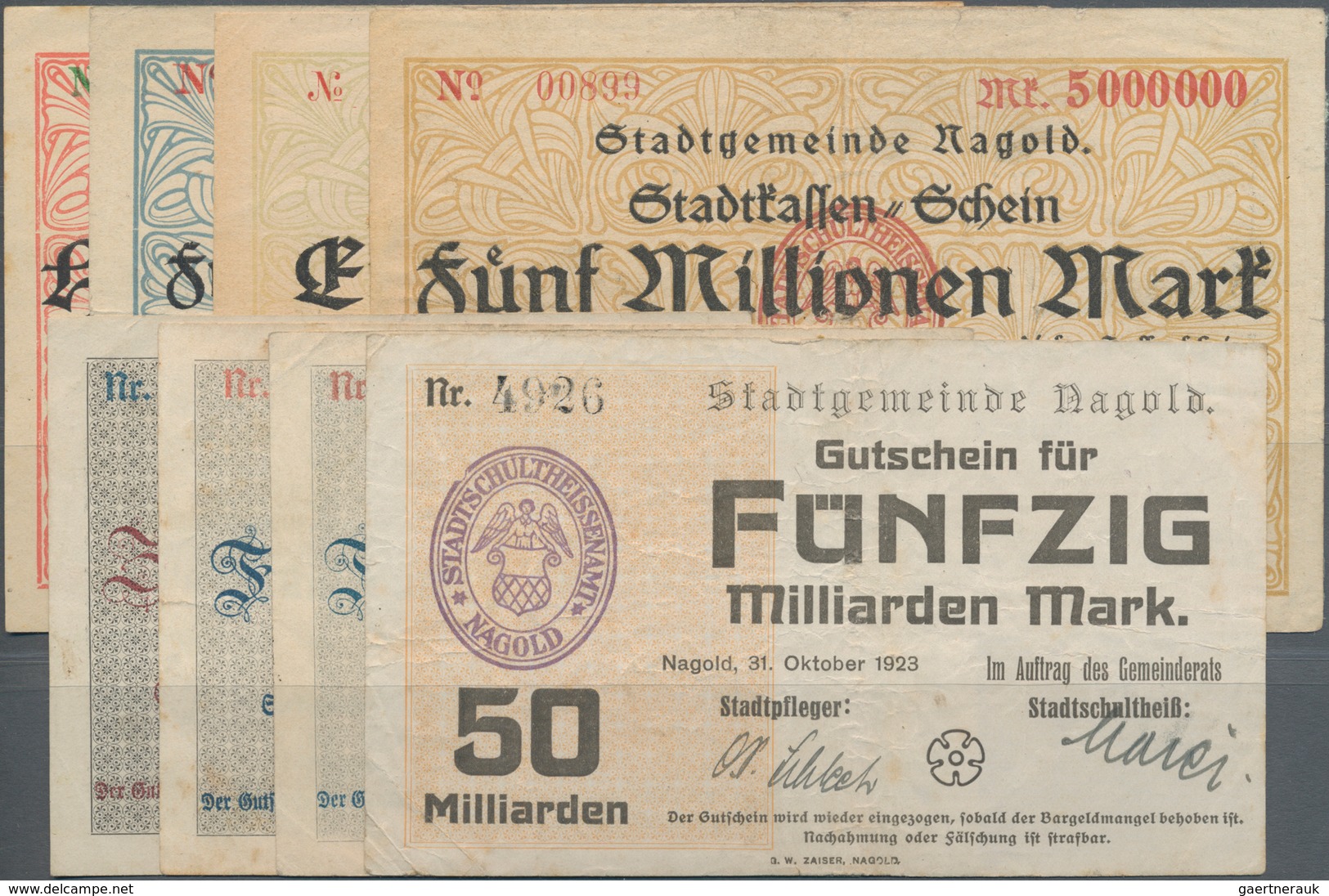 Deutschland - Notgeld - Württemberg: Nagold, Stadtgemeinde, 100, 500 Tsd., 1, 5 Mio. Mark, 23.8.1923 - Lokale Ausgaben