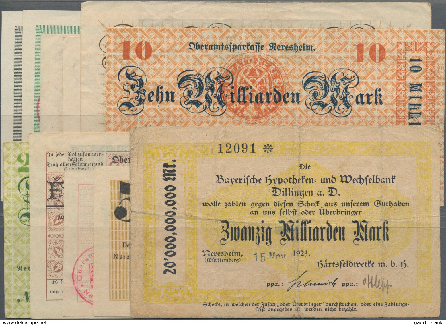 Deutschland - Notgeld - Württemberg: Neresheim, Oberamtssparkasse, 10, 20, 50, 100 Mio., 1 Mrd. Mark - [11] Local Banknote Issues