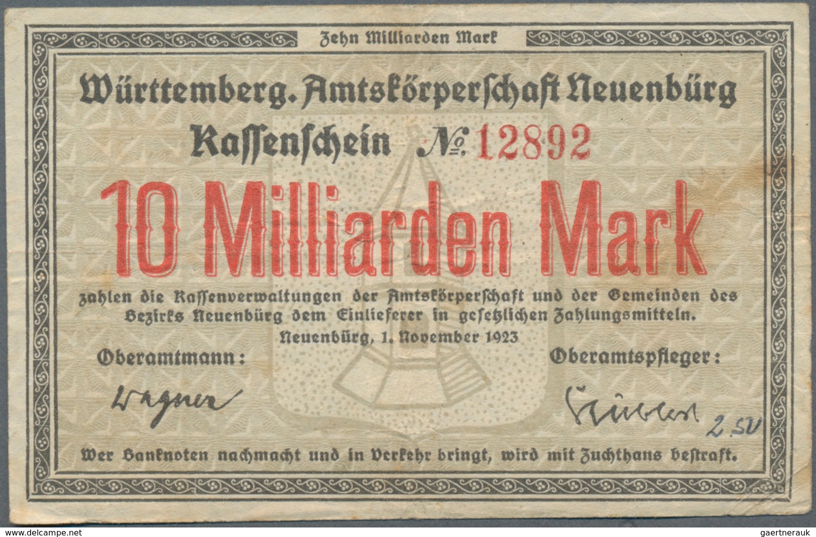 Deutschland - Notgeld - Württemberg: Neuenbürg, Amtskörperschaft, 10, 50 Mrd. Mark, 1.11.1923, Erh. - Lokale Ausgaben