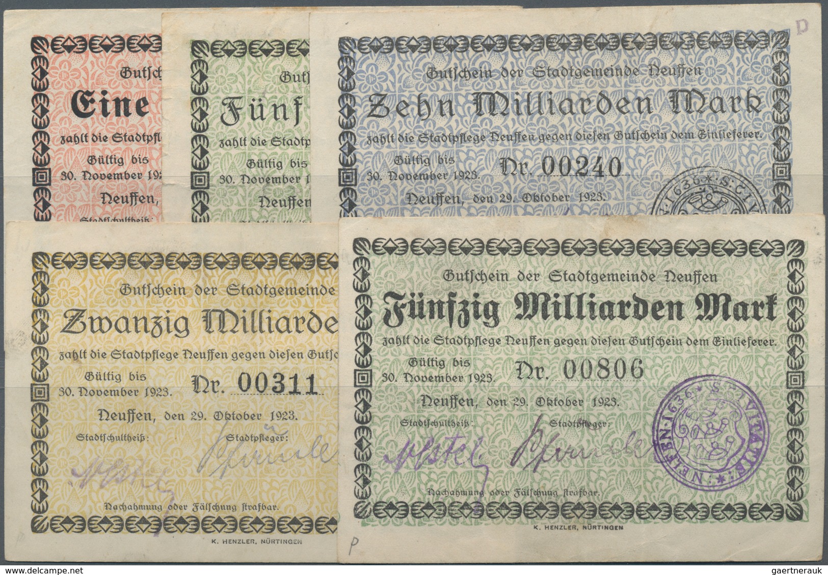 Deutschland - Notgeld - Württemberg: Neuffen, Stadtgemeinde, 1, 5, 10, 20, 50 Mrd. Mark, 29.10.1923, - [11] Local Banknote Issues