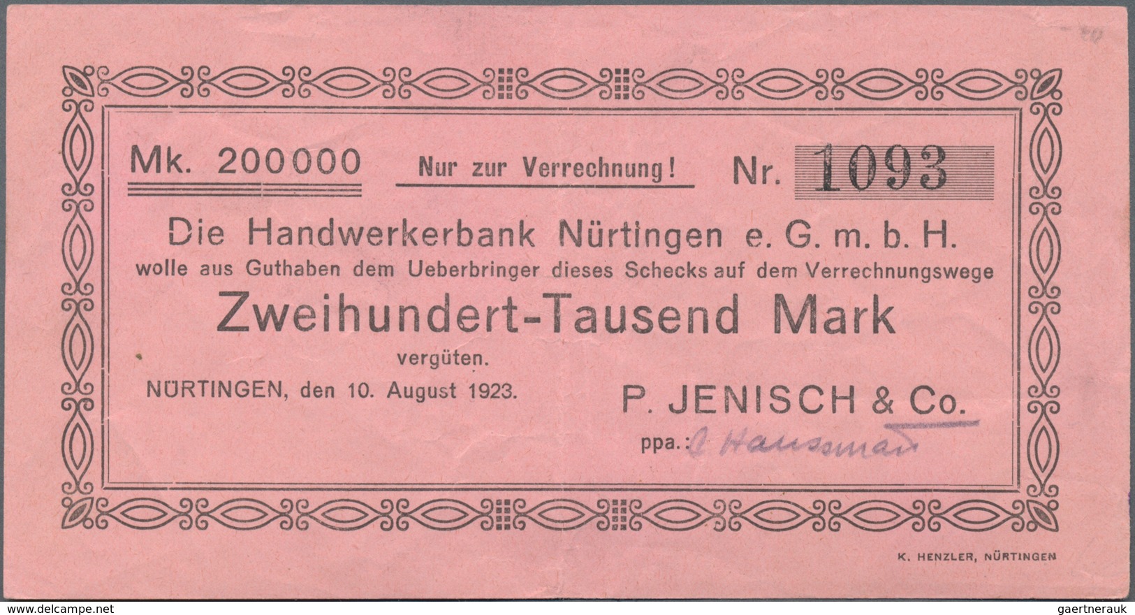 Deutschland - Notgeld - Württemberg: Nürtingen, P. Jenisch & Co., 200, 500 Tsd. Mark, 10.8.1923, Sch - [11] Local Banknote Issues