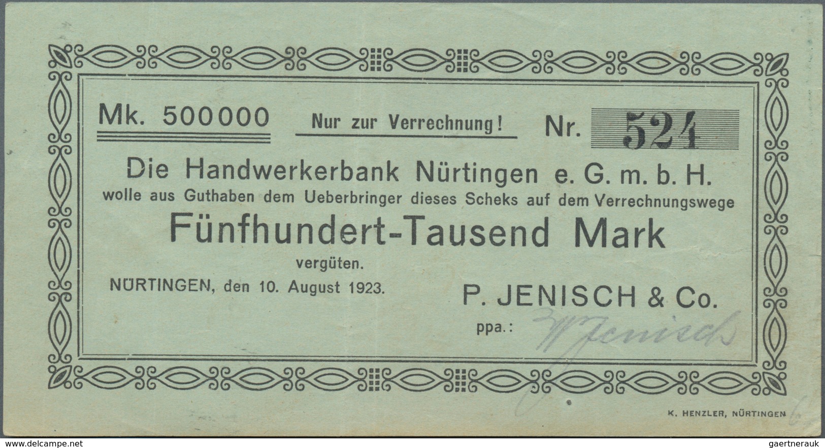 Deutschland - Notgeld - Württemberg: Nürtingen, P. Jenisch & Co., 200, 500 Tsd. Mark, 10.8.1923, Sch - Lokale Ausgaben