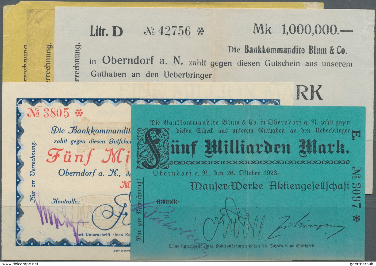 Deutschland - Notgeld - Württemberg: Oberndorf, Mauser-Werke AG, 100 Tsd. Mark, 10.8.1923, Erh. IV; - Lokale Ausgaben