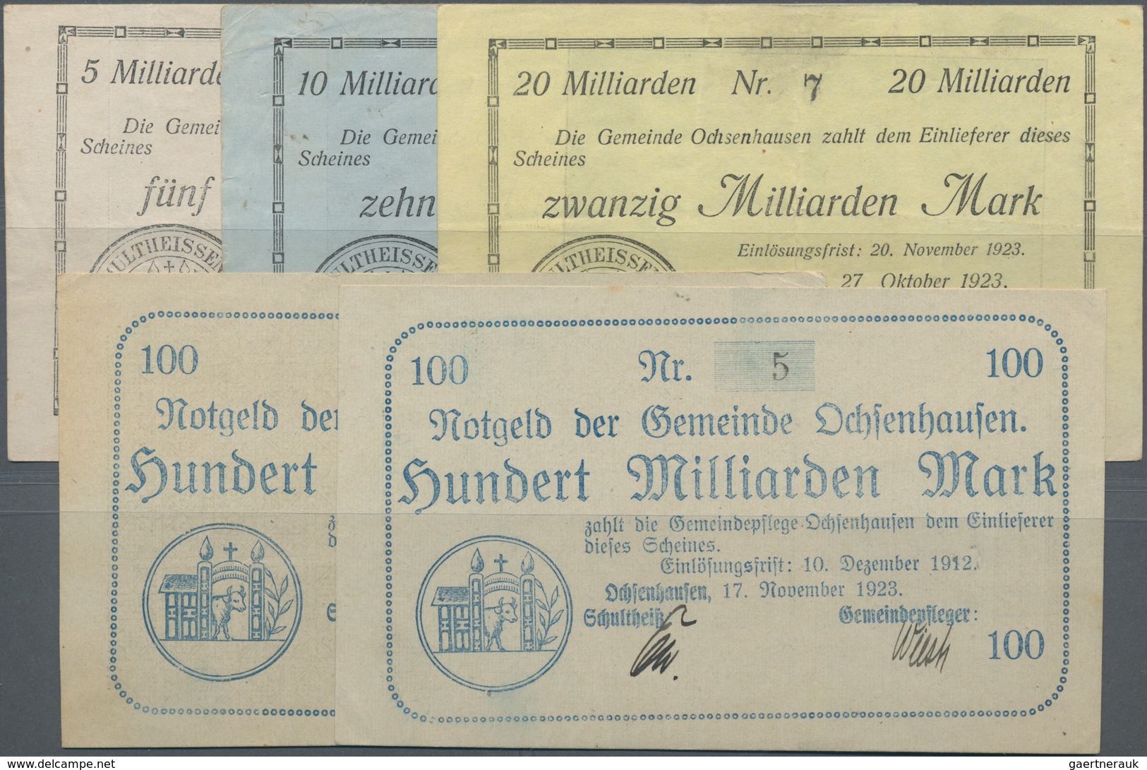 Deutschland - Notgeld - Württemberg: Ochsenhausen, Gemeinde, 5, 10, 20 Mrd. Mark, 27.10.1923; 100 Mr - [11] Local Banknote Issues