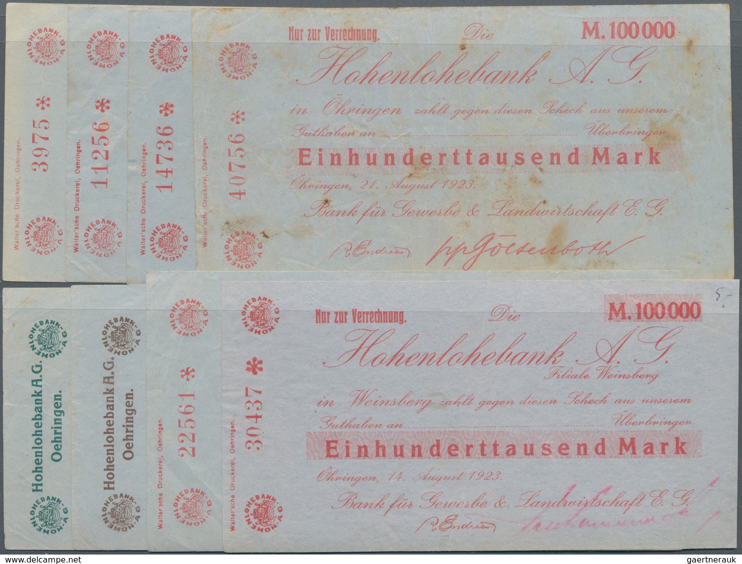 Deutschland - Notgeld - Württemberg: Öhringen, Bank Für Gewerbe Und Landwirtschaft, 100 Tsd. Mark (4 - [11] Local Banknote Issues