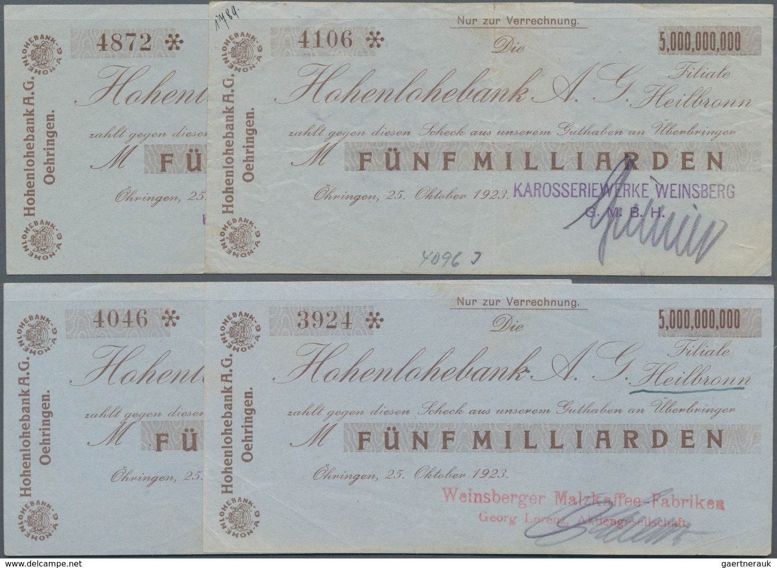 Deutschland - Notgeld - Württemberg: Öhringen, Kundenschecks Der Hohenlohebank A.G. Filiale Heilbron - [11] Local Banknote Issues