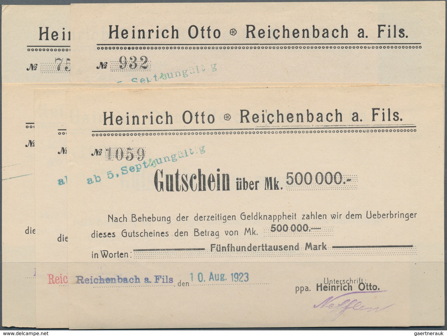 Deutschland - Notgeld - Württemberg: Reichenbach A. Fils, Heinrich Otto, 50, 100, 200, 300, 500 Tsd. - Lokale Ausgaben