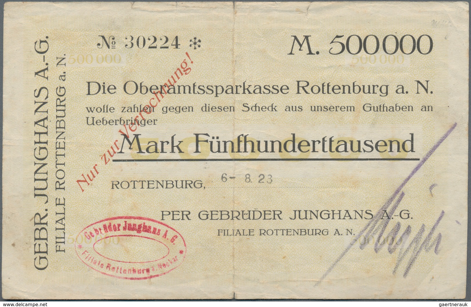 Deutschland - Notgeld - Württemberg: Rottenburg, Gebrüder Junghans AG, Filiale Rottenburg A. N., 500 - [11] Local Banknote Issues