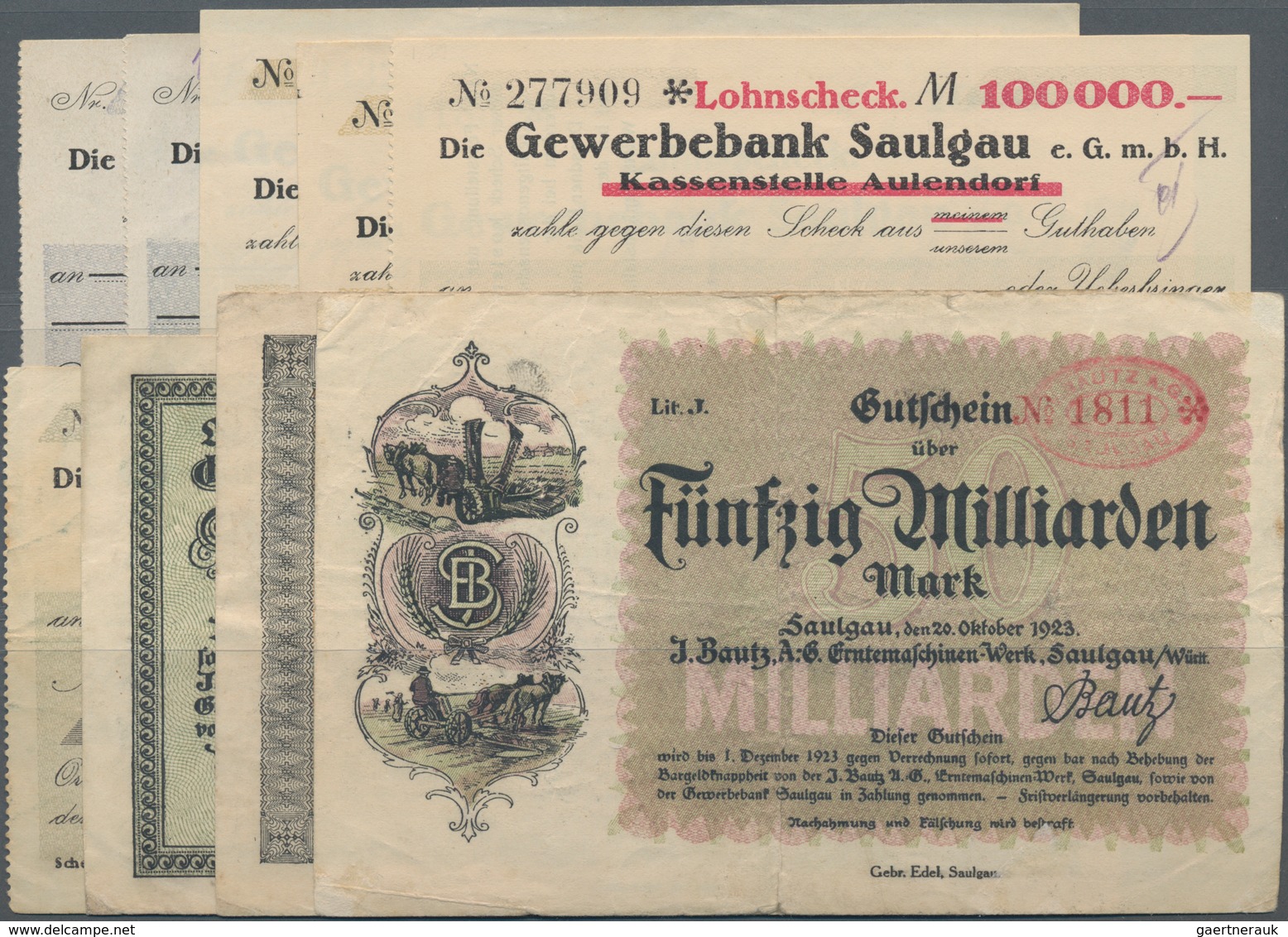 Deutschland - Notgeld - Württemberg: Saulgau, J. Bautz, Erntemaschinen-Werk, 1000 M., 29.9. (2), 27. - [11] Local Banknote Issues