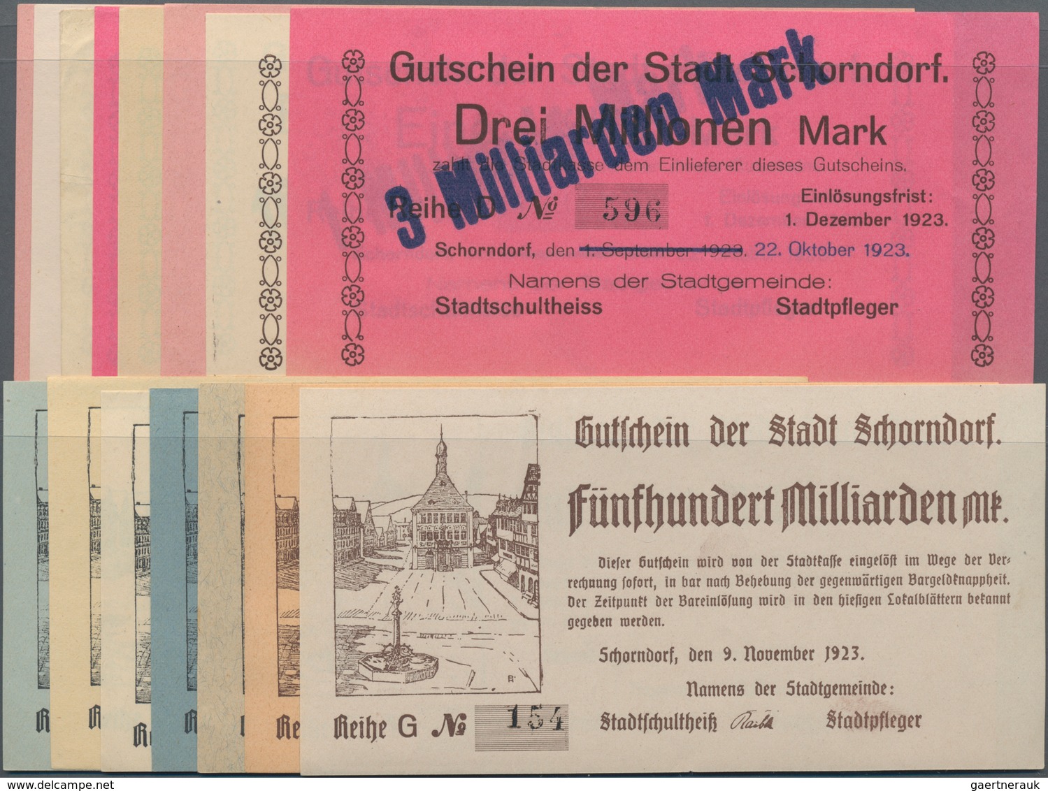 Deutschland - Notgeld - Württemberg: Schorndorf, Stadt, 100, 500 Tsd., 1, 3, 5 Mio. Mark, 1.9.1923; - [11] Local Banknote Issues