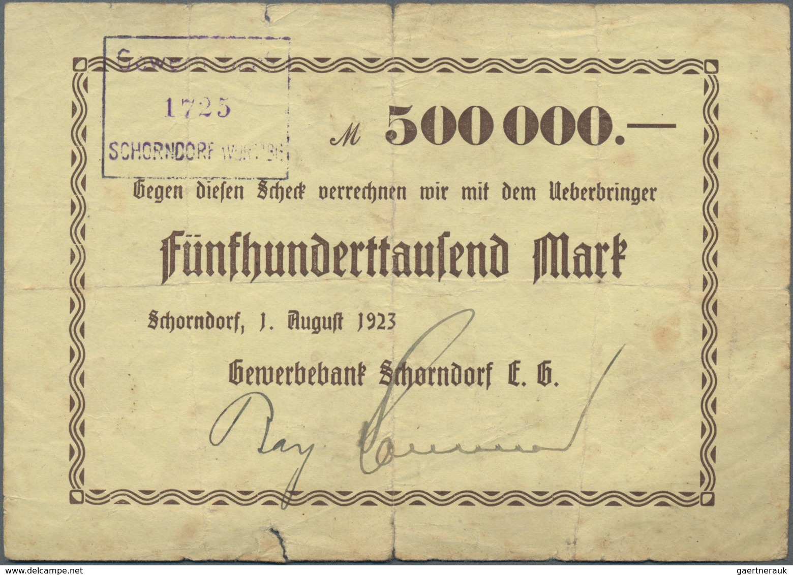 Deutschland - Notgeld - Württemberg: Schorndorf, Gewerbebank, 500 Tsd. Mark, 1.8.1923, 5 Mrd. Mark, - Lokale Ausgaben