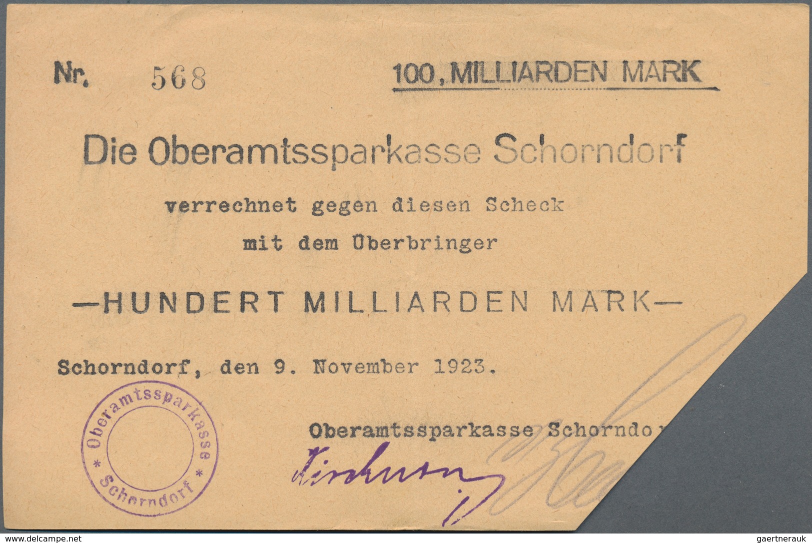 Deutschland - Notgeld - Württemberg: Schorndorf, Oberamtssparkasse, 5 Mrd. Mark, 26.10.1923, Gedruck - Lokale Ausgaben