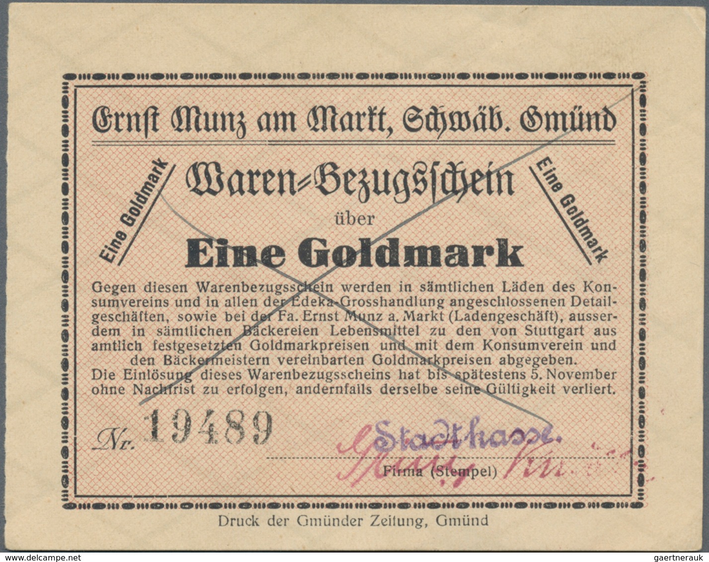 Deutschland - Notgeld - Württemberg: Schwäbisch Gmünd, Stadtkasse, 1 Goldmark, O. D. - 5.11.1923, Wa - [11] Local Banknote Issues